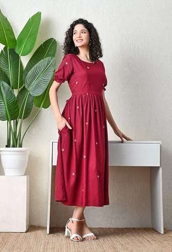 Image of Ichaa Women's Aqua Rayon Printed Maternity Dress with Feeding Zips and Pocket, in Plus Sizes