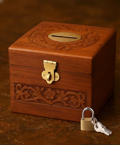 Image of Wooden Money Bank for Kids Natural Wood Coin Saving Box Square Shape 4x4x4 inch Childrens Piggy Bank Gift Idea for Boys and Girls. with Lock