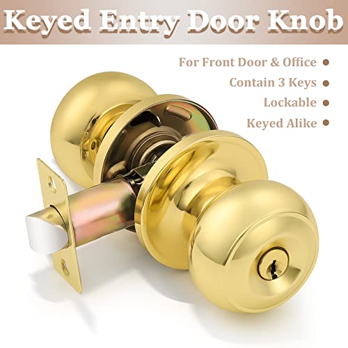 Probrico Entrance Door Knobs Door Lock Keyed Alike Lockset Polished Brass Same Key Round Ball Entry Door Knobs Pack of 3 by Probrico - Image 2