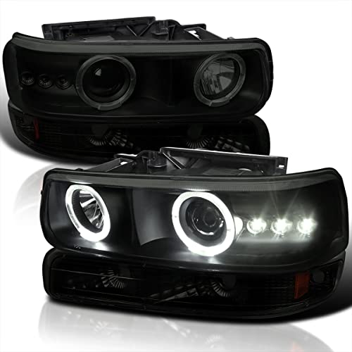 Spec-D Tuning Smoke Lens LED Halo Projector Headlights + Bumper Lights Compatible with 1999-2002 Chevy Silverado 1500 1500HD 2500 2500HD 3500 Left + Right Pair Headlamps Assembly