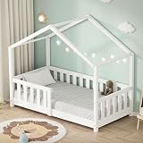 ML Design Kinderbett Hausbett 70x140 cm Weiß, Holzbett mit Rausfallschutz, Lattenrost und Dach, Spielbett aus massivem Kiefernholz für Kinder, Montessori Bodenbett Bettgestell Bettenhaus Juniorbett