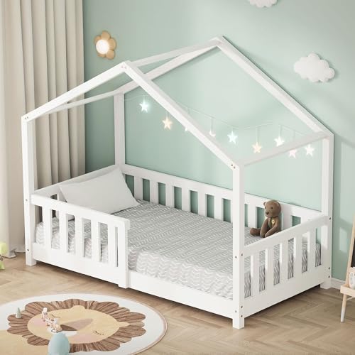 ML-Design Kinderbett Hausbett 70x140 cm Weiß, Holzbett mit Rausfallschutz, Lattenrost und Dach, Spielbett aus massivem Kiefernholz für Kinder, Montessori Bodenbett Bettgestell Bettenhaus Juniorbett