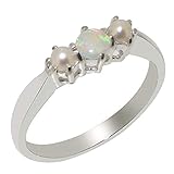 925 Sterling Silver Natural Opal & Cultured Pearl Womens Trilogy Ring - Size S 1/2 -Sizes J to Z Available