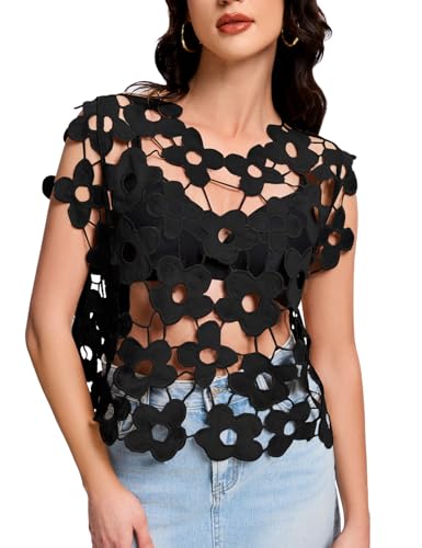 Flygo Hollow Out Floral Lace Crop Top for Women 2025 Trendy Oversized Sleeveless Crochet Vest Coverup Y2K Going Out Tops