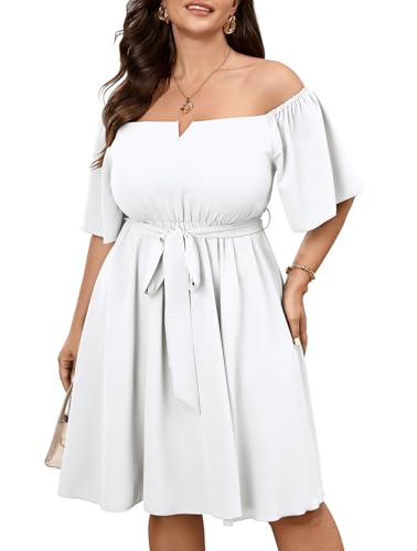 Image of SCOMCHIC Womens Plus Size Cocktail Dress Summer Off Shoulder Short Sleeve Flowy Ruffle A-Line Cute Mini Dress with Belt