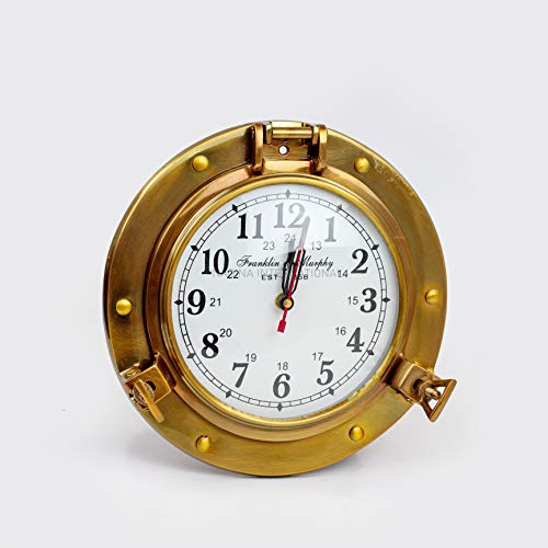 Nagina International 9" Antique Brass Premium Nautical Wall Decor Vintage Time's Clock | Pirate's Porthole Decorative Clock (Franklin & Murphy's Vintage Dial) #TOP1