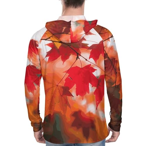 Mens UPF 50+ Sun Protection Hoodie Rash Guard Long Sleeve Sun Shirt Hiking Autumn Fall Red Maple Leaves Fishing Hoodie-3