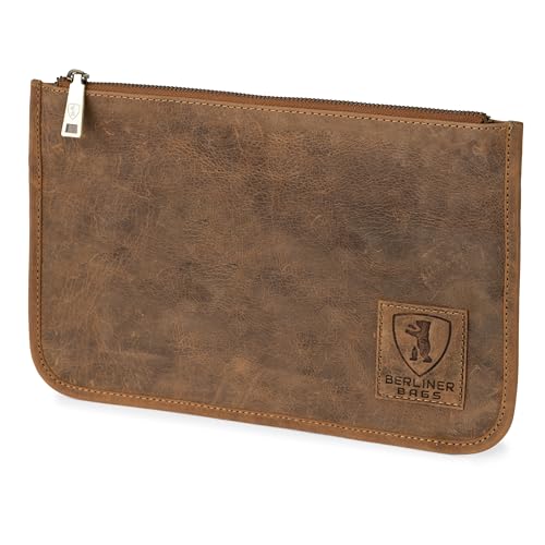 Berliner Bags Theo XL Cartera Organizador de Piel Auténtica para Documentos y Pasaporte, Portafolios de Viaje con Cremallera YKK, Correa de Muñeca Desmontable y Forro de Algodón – Marrón