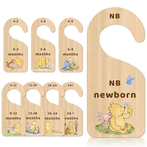 Image of 8 Pcs Classic Winnie Baby Closet Dividers Bear Double Sided Clothes Organizer for Nursery Decor Wooden Hanger for Newborn Stuff from 0 to 24 Months