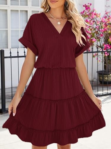 Image of PerZeal Women's Casual V Neck Short Sleeve Tiered Dress Ruffle Hem A-Line Flowy Swing Midi Dresses