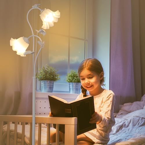 Image of HMVPL White Flower Standing Lamp, Floral Tall Lamp with 2 LED 5W Blubs, Foot Switch, Modern Corner Floor Lamp with Acrylic Shade, Antique Lotus Flower Floor Lamp for Living Room Office Reading