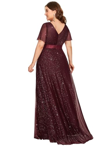 Image of Ever-Pretty Plus Women's Glitter Formal Dress Evening Gown for Gala V-Neck Short Sleeve Floor Length Plus Size Prom Dresses
