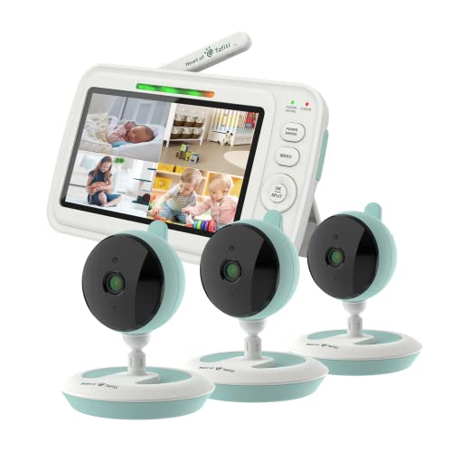 Image of Heart of Tafiti 5" 720P HD Low EMF Baby Monitor with 3 Cameras, No WiFi, Auto Noise Reduce, Quad View Split Screen, Long Battery Life, 1000ft Range, Lullaby, Night Vision and Thermal Sensor