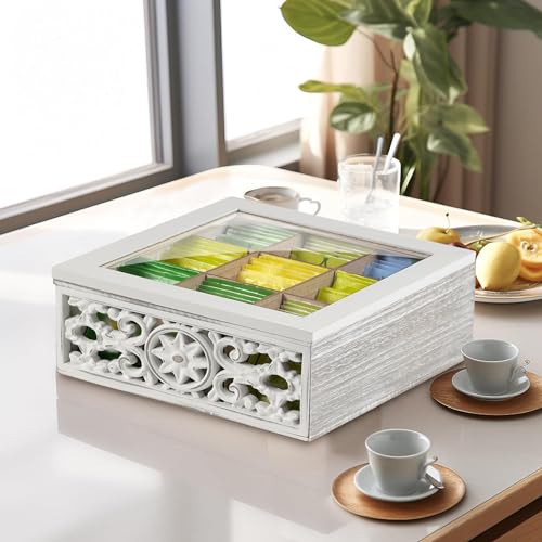 Optyuwah Tea Bag Holder Tea Bag Organiser Wooden Tea Box for Tea Bags, Tea Organiser 9 Compartments Tea Chest Storage Box with Clear Lid, Tea Caddy for Tea Coffee Sugar, Home Kitchen Office, White - Image 6