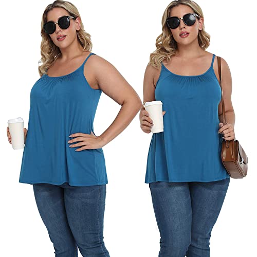 Carcos Women's Plus Size Cami With Built In Bra, Casual Pleated Cotton Tank Top With Adjustable Strap Sleeveless Padded Cami Top For Summer #TOP1