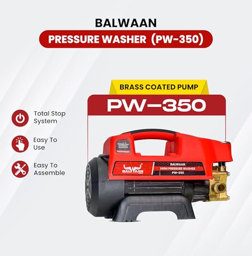 Image of Balwaan Krishi Pressure Washer Brass Coated Pump 1800w Motor 120-150 Bar Pressure 7.5 LPM Water Flow, 26 Feet Hose Pipe, Straight and Bend Lance Ideal for Car Wash and Cleaning Purpose (Red) | PW-350