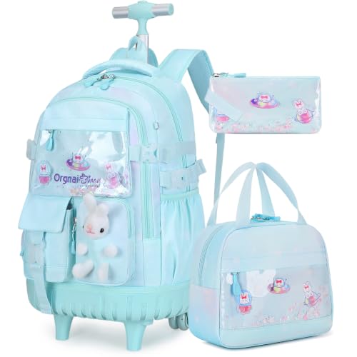 FIXITOK Rolling Backpack for Girls Kawaii Bunny Roller Wheels School Backpacks with Lunch Bag Pencil case Wheeled Suitcase Bookbag for Elementary Travel Dreamy Aquamarine