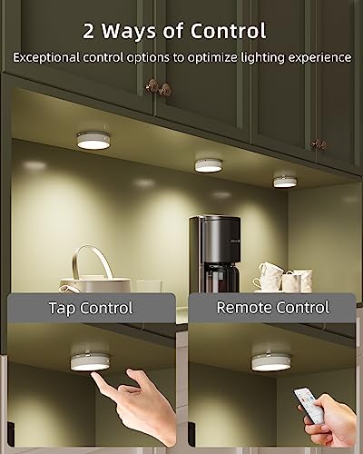 Rechargeable Puck Lights with Remote Control, 1600mAh Battery Powered Push Lights LED Stick On Lights for Closet Magnetic Tap Light USB Display Shelf Lights Kitchen Under Cabinet Press Button Lights