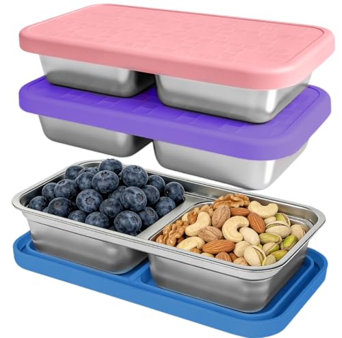 Image of 15 oz Snack Containers for Kids, Stainless Steel Lunch Box 3 Pack | Reusable Food Containers with Silicone leak resistant Lids. Perfect for School Lunch, Daycare, Travel and Portion Control