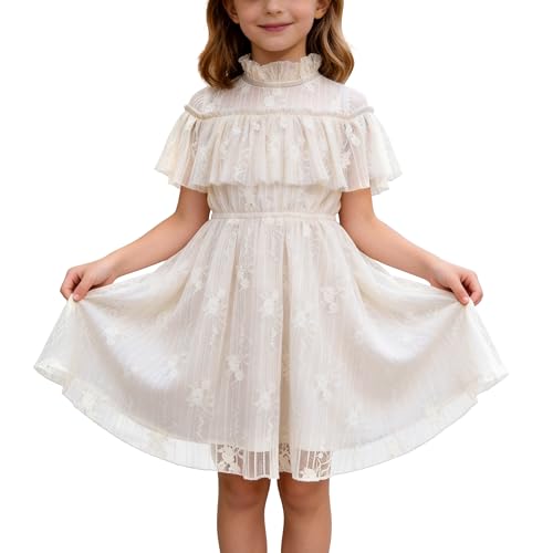 G.COW Girls Elegant Lace Tulle Dress, Short Sleeve High Neck Flower Girl Dress for Wedding, Birthday, Graduation & Pageant