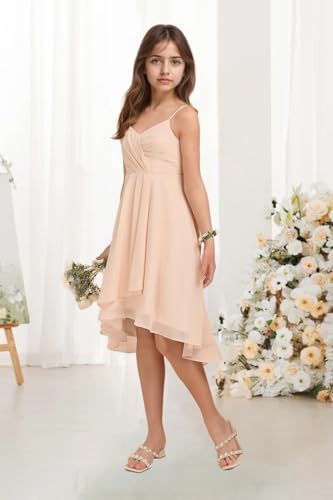 Short Spaghetti Straps Chiffon Junior Bridesmaid Dress with Ruffle Hi-Lo A-Line Flower Girl Dresses for Weddings3
