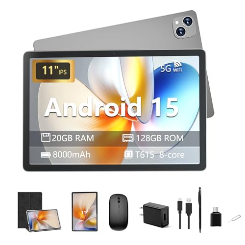 Image of 11 inch Android 15 Tablet with SIM Card Slot, 4G LTE Cellular Tablet, 128GB Storage, 6GB RAM, Octa-Core, GPS, WiFi, 8000mAh, Keyboard, Mouse, Stylus & Case for Travel, RV, Work, Silver