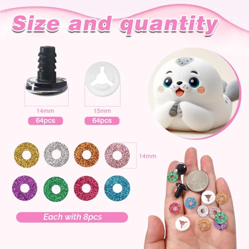 TOAOB 64 Sets 14mm Glitter Safety Eyes Doll Eyes Animals Eyes Plastic Craft Eyes Glitter Colourful Eyes with Washers for Crochet Animals Puppet Making - Image 2