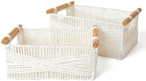 LA JOLIE MUSE Wicker Storage Baskets for Organizing, Recyclable Paper Rope Basket with Wood Handles, Decorative Hand Woven Basket Organizers for Makeup Books Shelves Living Room, White, Set of 2
