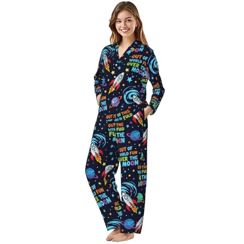 Image of Women'S Long Sleeve Pajama Set Soft Loungewear Button-Down Top & Elastic Waist Pants S- 2XL