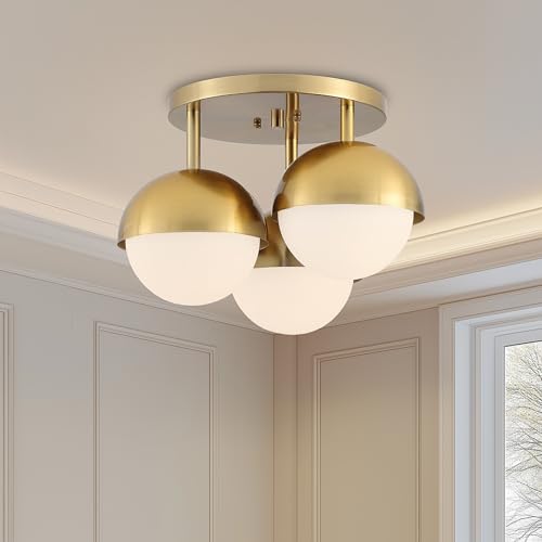Image of Globe Flush Mount 3-Light Ceiling Light, Mid Century Modern Brass Gold Ceiling Light Fixture with Globe White Frosted Glass Shade for Bedroom Hallway Entryway Kitchen Living Room
