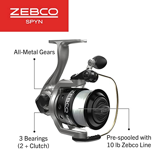 Zebco Spyn Spinning Fishing Reel, Size 30 Reel, Aluminum Spool, Super Tough Titanium-Nitride Plated Bail Wire, 5.3:1 Gear Ratio, Pre-Spooled With 10-Pound Zebco Line, Silver/Black #TOP2