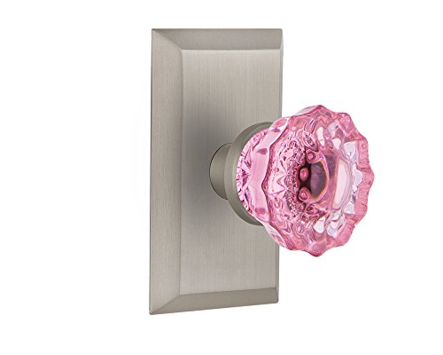 Nostalgic Warehouse 723606 Studio Plate Double Dummy Crystal Pink Glass Door Knob in Satin Nickel