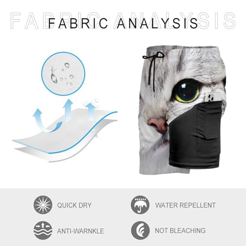 Mens Swim Trunks with Compression Liner, Cute Cat Kitten Face Printed Board Shorts3