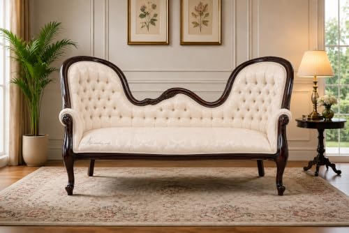 Image of Victorian Style Chaise Lounge, Tufted Cream Upholstery, Mahogany Wood Frame, Classic Living Room Furniture (Cream Ivory)