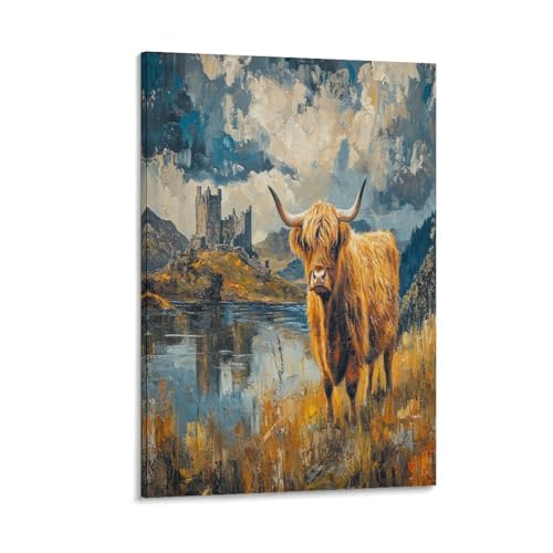 Bœuf de Haute-Écosse tableau mural design champêtre pour salon moderne 40x60cm