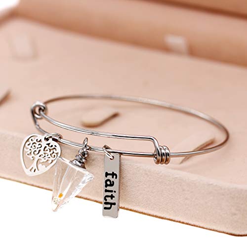 Image of Uloveido Mustard Seed Faith Tree Bangle Bracelet, Stainless Steel, with Glass Charm Bottle Case Y757