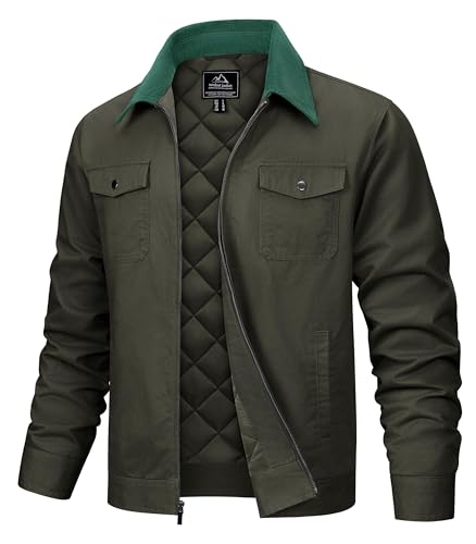 Image of TACVASEN Work Jackets for Men Winter Quilted Wax Jacket Cotton Outdoor Hiking Coats with Corduroy Collar ArmyGreen S