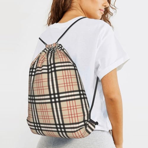 Beige Plaid Tartan Checkered Outdoor Leisure Drawstring Backpack, Lightweight Waterproof Sports Bag For Men & Women – Gym, Yoga, Travel3