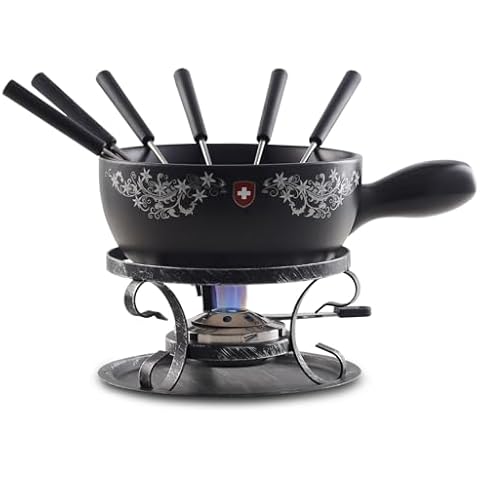 Artestia 2.11-Quart Ceramic Fondue Pot Set for Cheese, Chocolate Melting Pot with 6 Fondue Forks and Swiss Vintage Pattern, Perfect for 6 People, 10 Piece (AR-83008) Cover
