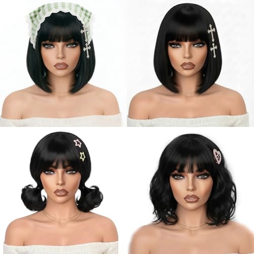 Image of Farblick Bob Wig Human Hair With Bangs Wear and Go Glueless Wig Human Hair 12inch Straight Wig 180% Density Black Wig With Bangs for Women