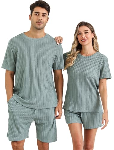 EISHOPEER Matching Pajamas for Couples Ribbed Knit Pajama Short Sleeve Soft Sleepwear 2 Piece Loungewear S-XXL