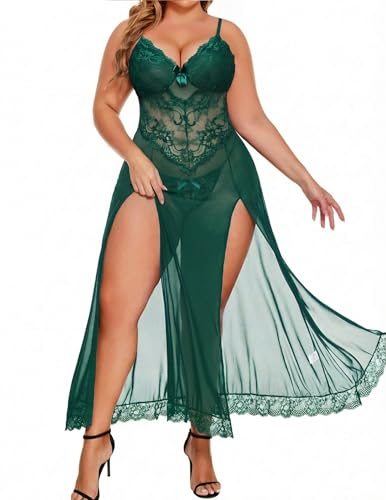 Image of Alrovetoney Plus Size Lingerie For Women Babydoll Sexy Mesh Maxi Nightdress Exotic Sleepwear Side Slits