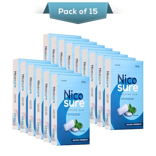 Image of Nicosure Nicotine Gum -2mg Pack of 15-120Gums Tobacco Control Aid Spearmint Flavour Doctors' Preference Aids in Quitting Tobacco Low throat irritation Long-lasting flavour Tobacco Cessation Sugar-free