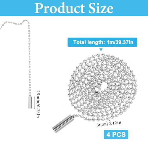 Image of 4Pcs Ceiling Fan Pull Chain Extender 1 Meter Stainless Steel Pull Chains String Extension qith Connector,3mm Beaded Ball Light Switch Chain Extender for Ceiling Fans and Light Fixtures