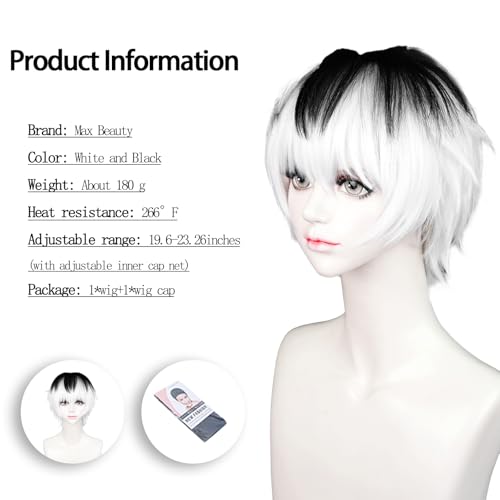 Image of LABEAUTE Unisex Short White & Black Cosplay Wig Male Man Woman Anime Fluffy Cosplay Hair Wigs for Halloween Party + Free Cap