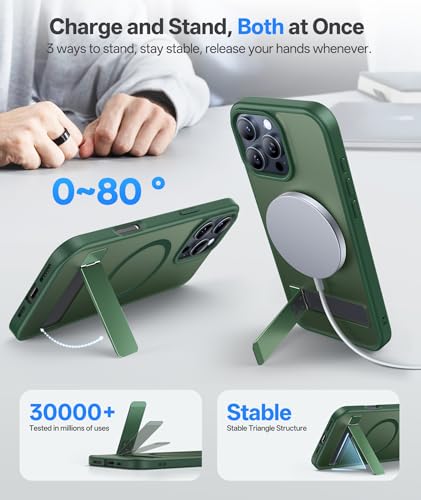 Image of Vihibii Silicone For iPhone 16 Pro Max Case Magnetic Back With Build-In Stand,[Compatible With Magsafe],Rugged Shockproof Case Protective Back & Translucent Matte Slim Cover 2024 6.9 inch,Green