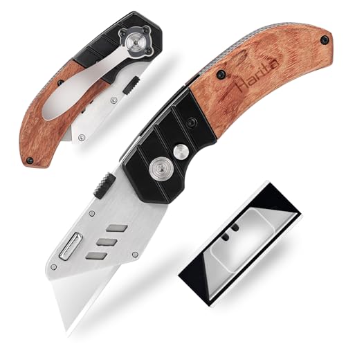 Harita Utility Knife Box Cutter with Belt Clip, Extra 5 pack refilled Blades and Wood Handle Heavy Duty Cutter, Quick-change & Safety Back Lock