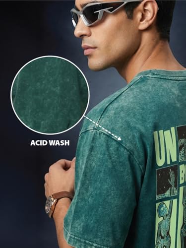 Image of Veirdo Heavy GSM Pure Cotton Men's Graphic Print Oversized Fit Half Sleeve Round Neck Cotton Acid Wash Print T-Shirt in Different Colors with Sizes ranging from S to 2XL.