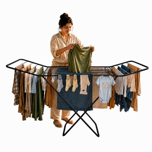 Image of Premium Steel Clothes Drying Stand | Foldable Cloth Dryer Stand, 3-Way Folding Design, Space-Saving Flat Folding Laundry Drying Rack for Indoor & Outdoor(Cross Design - 120 x 54 cm)- Black