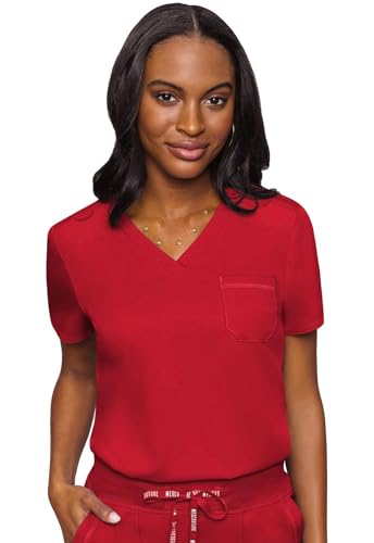 Image of Med Couture Women's V-Neck Scrub Top, Modern Fit Tuck-in Top with Stretchy Rib-Knit Shoulders and Chest Pocket - MC7448